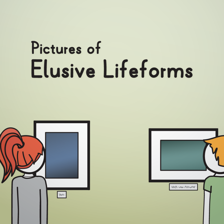 People are standing in a gallery, looking at paintings. The exhibition is called "Pictures of Elusive Lifeforms".