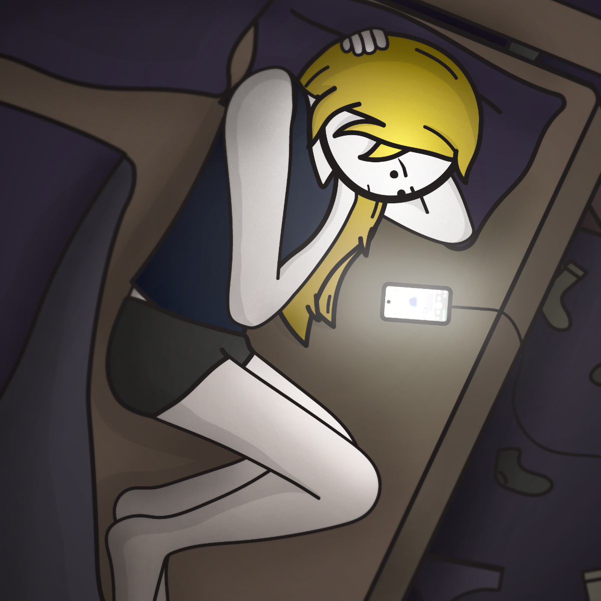 Emily is lying curled up on her bed without a blanket in the dark. Her eyes are open with a neutral expression. A bright phone plugged into a charger rests on the bed beside her, being the only light source in the otherwise dark room. The scene is viewed from an overhead angle.