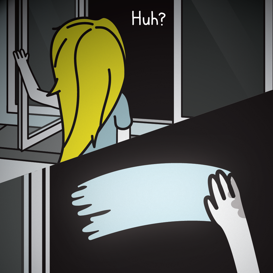 Emily walks up to the window and opens it, revealing that the darkness is not part of the glass but something behind it. She says “Huh?” in confusion, then swipes her hand across the black surface, wiping some of it away and letting sunlight through.