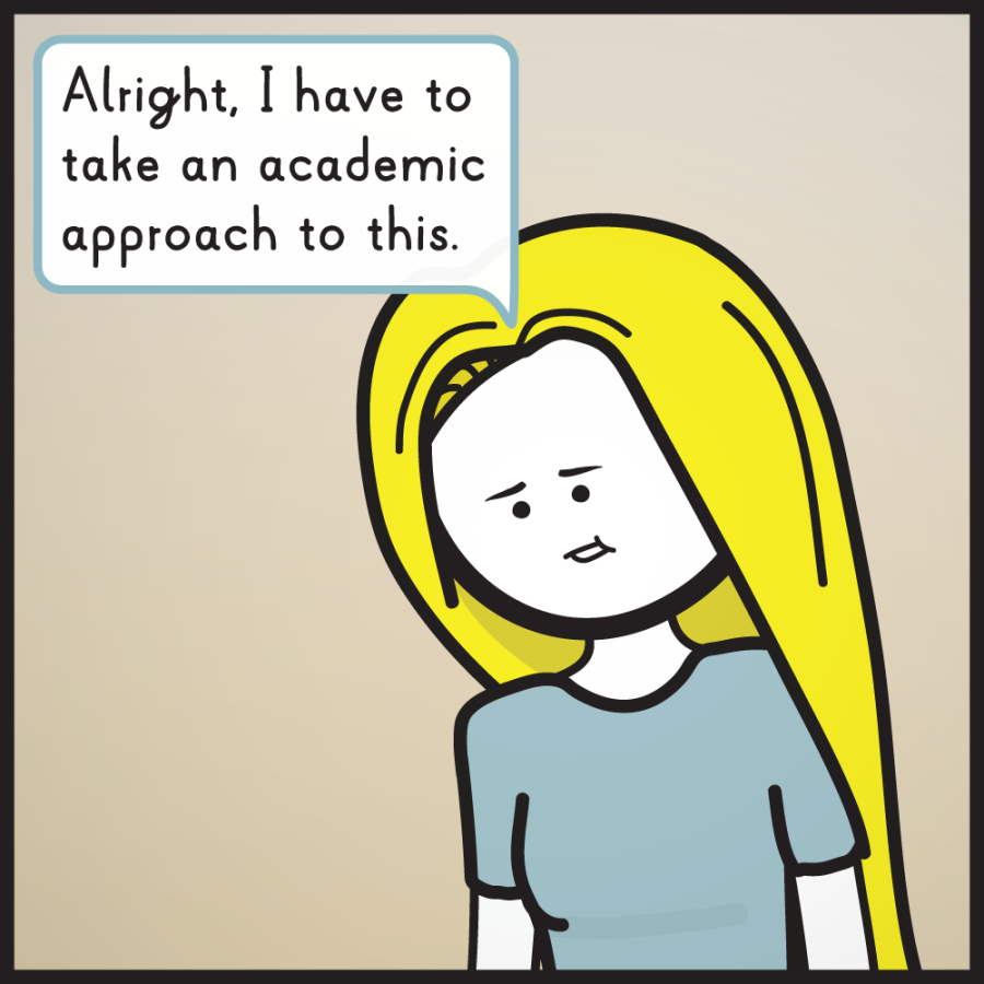 Emily, still looking at her phone with an uncomfortable expression, says "Alright, I have to take an academic approach to this."
