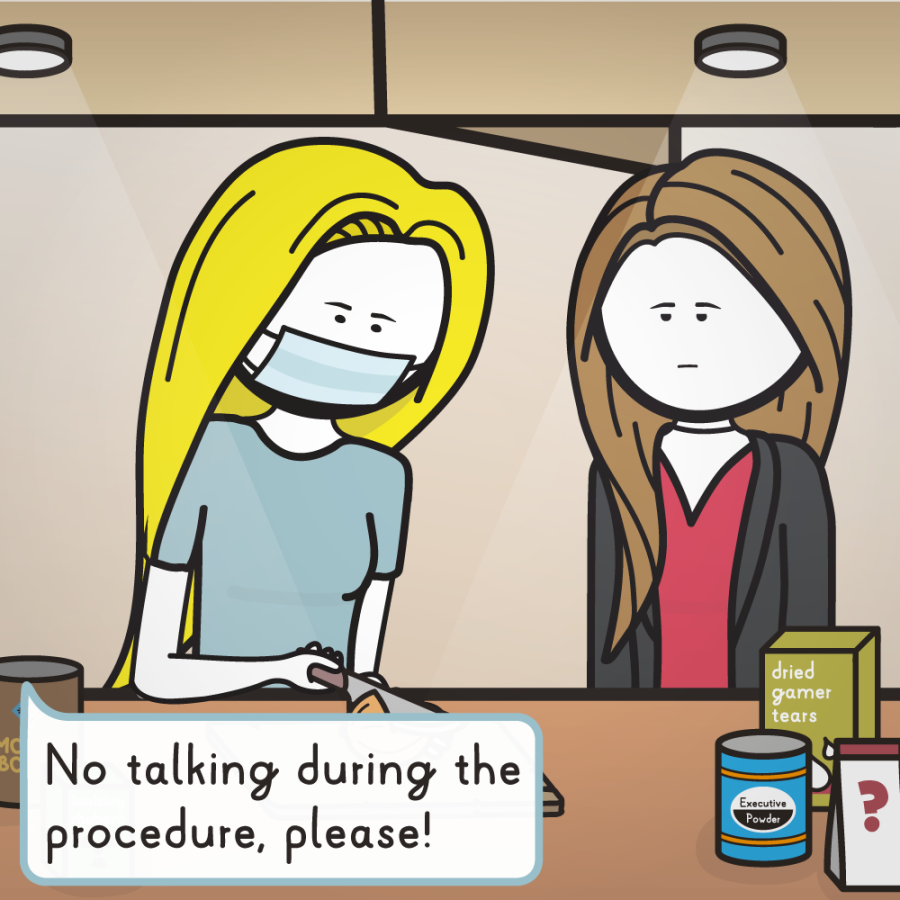 Emily replies "No talking during the procedure, please!", with Sonja looking slightly annoyed.