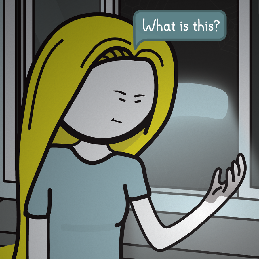The dark substance she wiped away is now on her hand, which Emily looks at in confusion. She asks, “What is this?”