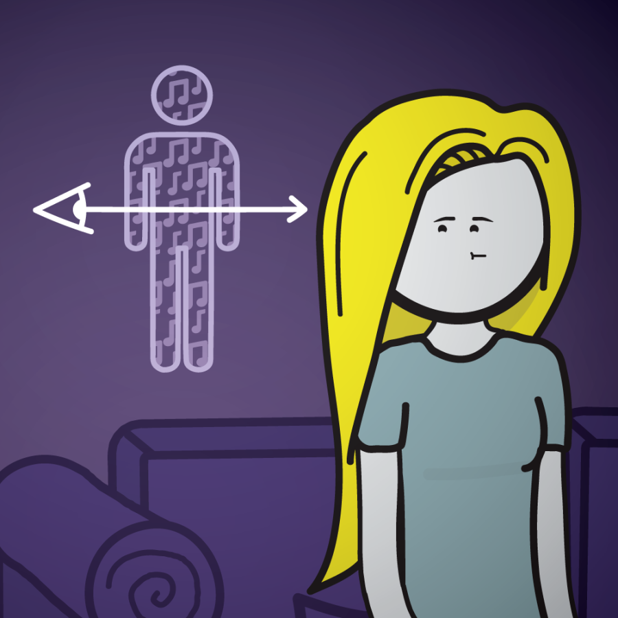 An illustration appears besides Emily, showing the silhouette of a person made out of musical notes, and a line coming out of an eye that passes through the silhouette.