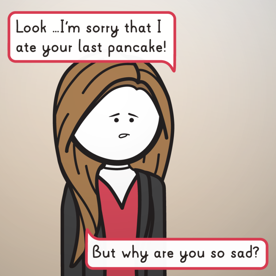 That someone is revealed to be Sonja; this panel is in full color. Sonja looks concerned and says, "Look ...I'm sorry that I ate your last pancake! But why are you so sad?"
