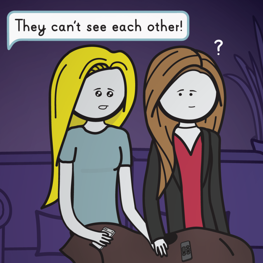 Teary-eyed, Emily says out loud: "They can't see each other!", with sonja looking at her. Sonja has a kind smile but is clearly confused.