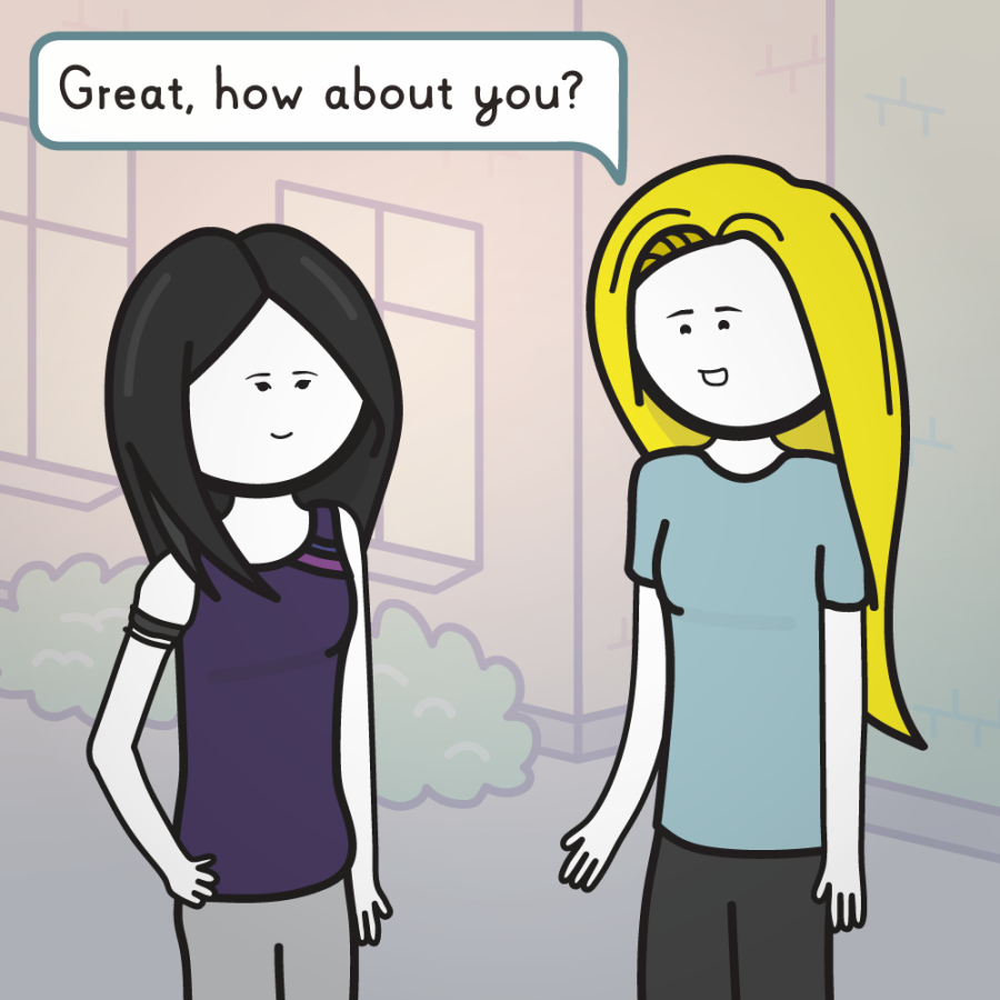 Color returns back to the world, with Naomi back in the frame. Both are smiling. Emily finally says to Naomi: "Great, how about you?"