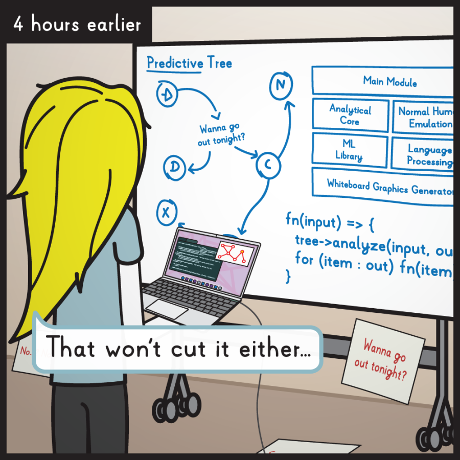 Four hours earlier: Emily now stands in front of a whiteboard full of graphs and computer code under the headline "Predictive tree". She holds a laptop in her hand, which is performing calculations. Emily looks at the whiteboard and says, "That won't cut it either."