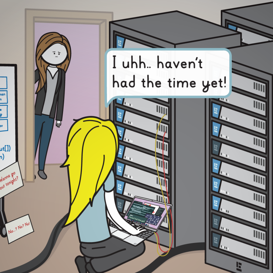 Back to the present, the entire room is relevealed, with Sonja still in the door frame. The room is filled with multiple servers, with Emily sitting in front of them. Emily replies to Sonja: "I uhh.. haven't had the time yet!"